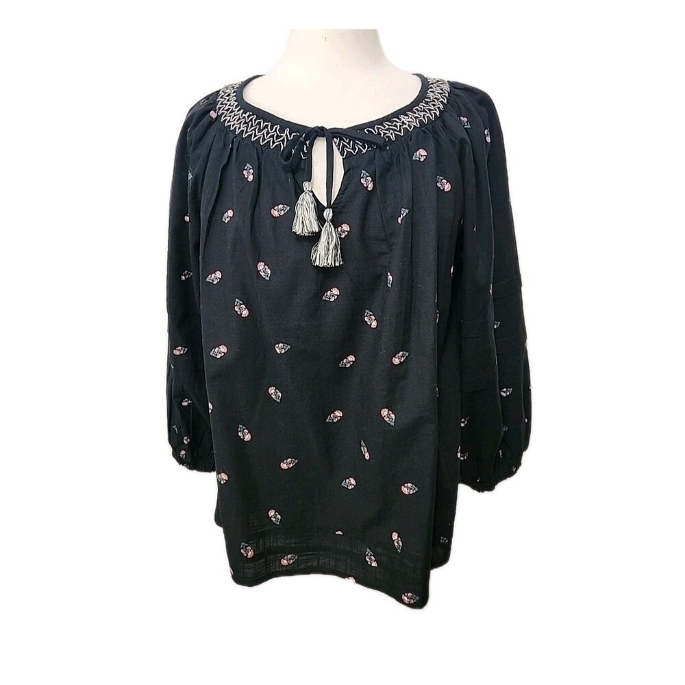 Womens Black Peasant Top L Smocked Neckline Keyhole Tasseltie Pullover LS Boho
